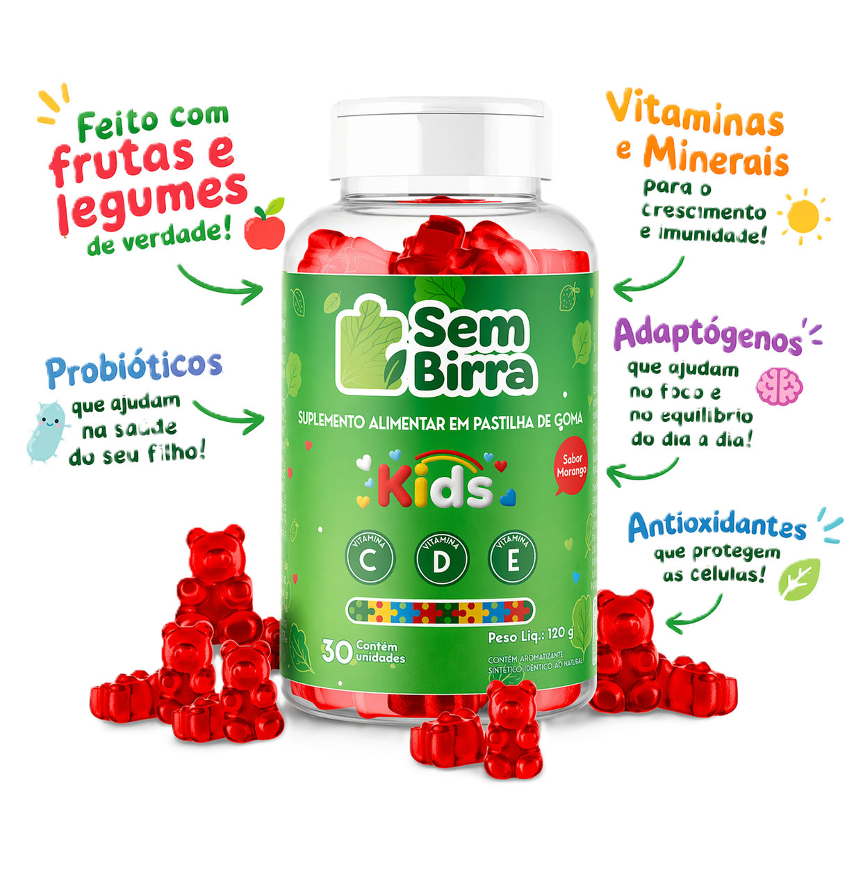 Pote de Sem Birra com anotações dos benefícios: feito com frutas e legumes de verdade, probióticos, vitaminas e minerais para crescimento e imunidade, adaptógenos para foco e equilíbrio, antioxidantes que protegem as células.